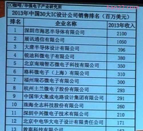 2013年中国前30大IC厂商排行 